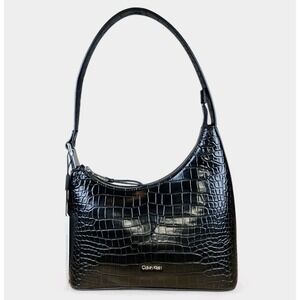 Calvin Klein Croc Embossed Shoulder Bag Black Silver Zip Top Holly Purse CK New